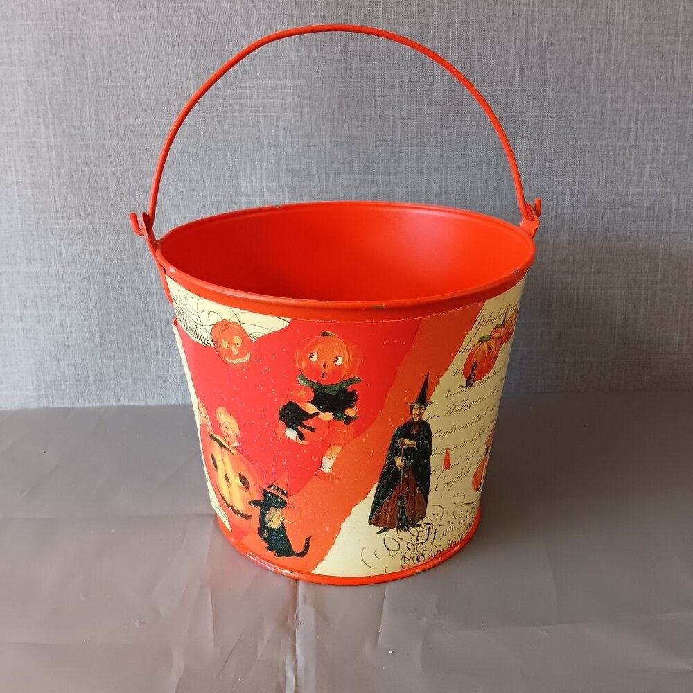 VTG‎ Style Halloween Pail Retro Witch & Pumpkin Trick or Treat Candy Bucket